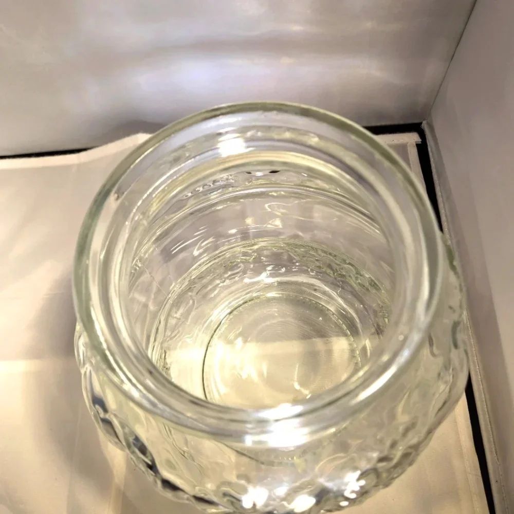 Vintage Kig Indonesia Clear Glass Cookie Jar Embossed Fruit Canister + Lid 11